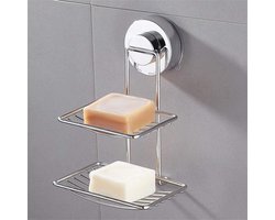 Zeephouder - Dubbellaags Zeeprek - RVS - Sterk Draagvermogen - Krachtige Zuignap - Zeepbakje - Douche / Badkamer Rekje - Zonder Boren - Handig en Praktisch - Zilver - 1 Stuk