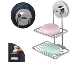 Zeephouder - Dubbellaags Zeeprek - Rvs - Sterk Draagvermogen - Krachtige Zuignap - Zeepbakje - Zeeprekje Hangend - Douche / Badkamer Rekje - Zonder Boren - Handi G& Praktisch - Zilver - Makkelijk Te Installeren
