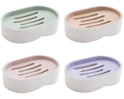 Zeephouders - 4 Stuks - Zeepbakje - Kunststof - Met Afvoer En Deksel - Zeepschaaltje - Zeepdoosje Reis - Draagbare Bar Zeepetui - Badkameraccessoires - Zeep Mat - Geschikt voor badkamers, keukens en op reis - 13*8.5*3.5 cm - Groen/Roze/Paars/Bruin