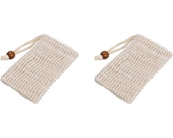Zeepzakje - 2 Stuks - Soap Bar zakje - Katoen en linnen - Shampoo bar zakje - Bellennet - Kan opgehangen worden - Geschikt voor badkamer, keuken en balkon - 14*9 cm - Beige