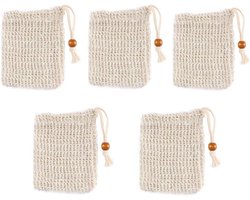 Zeepzakje - 5 stuks - Herbruikbaar - Shampoobar zakje - Zeepbar zakje - 9.5x14.5cm - Katoen hennep - Zeepzak - Met koord - Scrubhandschoen - Scrubzakje