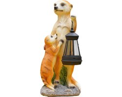 Zeerkat Tuinbeeld - Moeder en kind sculptuur - Tuin verlichten - Zonne-energie lantaarn - 30 cm - Geel