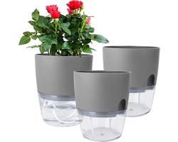Zelf Waterende Potten -Viooltje Potten - Automatisch Bewateringssysteem Met Lont - Dubbele Laag Design - 6 Inch grijs Kunststof - 3 Stuks Set - Voor Binnenplanten En Kruiden