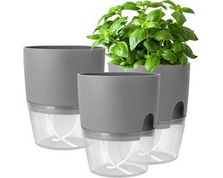 Zelfbewaterende kruidenpot keukenset - vensterbank kruidentuin - set van 3 - 182 x 11 x 153 cm - grijze pot voor verse keukenkruiden