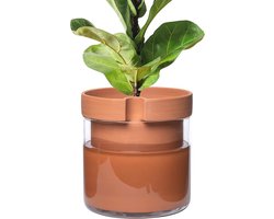 Zelfbewaterende plantenbak terracotta kleipot met glazen reservoir voor kamerplanten, kruiden en bloemen - 25,5 cm