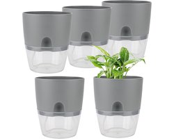 Zelfbewaterende potten - Grijs - 15 cm - Kunststof - Kruidenpotten - Waterreservoir - Zelfbewaterende bloempot - Irrigatiesysteem - Keukenkruiden - Binnen - 5 stuks.