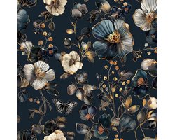 Zelfklevend behang bloemen blauw goud vintage donkerblauw slaapkamer magnolia vlinder plakfolie fotobehang 44.5CMx2M met meubelmotief.