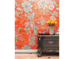 Zelfklevend behang oranje rood aquarel bloemen patroon 44.5CM×3M tropisch slaapkamer film vintage kledingkast.