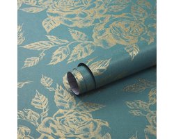 Zelfklevend bloemenbehang met gouden accenten - 44 cm x 3 m - waterdicht en slijtvast behang voor woonkamer, slaapkamer, en meer