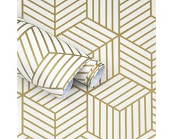 Zelfklevend Contactpapier Goud Wit Geometrisch Zeshoek Patroon voor Meubels en Kasten (45x300 cm)
