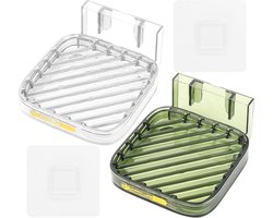 Zelfklevend Zeepbakje met Afvoer - Wandmontage voor Badkamer en Keuken, 2 Stuks, Groen, Transparant