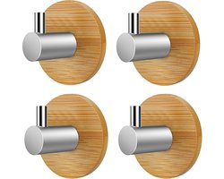 Zelfklevende haken van hout, roestvrij staal, handdoekhouder, bamboe, handdoekhaken, zelfklevend, handdoekhaken voor badkamer, keuken, woonkamer, kantoor (4 stuks)