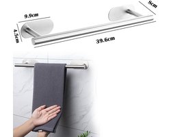 Zelfklevende handdoekhouder - Roestvrijstalen handdoekstang voor de badkamer - Handdoekrek voor de badkamer - Boren niet nodig, geborsteld nikkel - lengte 39,5 cm