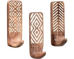 Zelfklevende Houten Wandhaken – Set van 3 – Voor Sleutels, Jassen, Handdoeken & Tassen – Boho Design – 10 cm