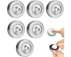 Zelfklevende LED Druklampen Set - 6 Stuks - Kastverlichting - Kastverlichting Draadloos - Onderbouwlampen - op batterijen - Nachtlampje - kastlampen - 3 LED - Push Light - Druk Lamp - Licht voor Voorraadkasten,Tenten, Auto's en Boten - Zilver
