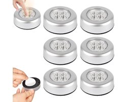 Zelfklevende LED Druklampen Set - 6 Stuks - Kastverlichting - Kastverlichting Draadloos - Onderbouwlampen - op batterijen - Nachtlampje - kastlampen - 4 LED - Push Light - Druk Lamp - Licht voor Voorraadkasten,Tenten, Auto's en Boten - Zilver