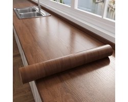 Zelfklevende Meubelfolie Houtlook Bruin – 40 x 300 cm – PP-oppervlak met Aluminiumfolieachterkant – Waterbestendige Keukenbladfolie – Plakfolie voor Kast, Tafel, Meubels en Aanrechtblad – Verwijderbare Renovatie Folie