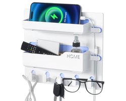 Zelfklevende Nachtkastplank voor Wandmontage - Plank met Haken en Kabelclips voor Organisatie in Slaapkamer of Kantoor