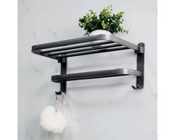 Zelfklevende opvouwbare grijze handdoekhouder met plank - wandgemonteerd badhanddoekrek voor badkamer - 2-laags (38 cm)