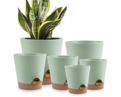Zelfwaterende Plantenpot Set 6 Stuks - Bloempotten voor binnen -Plantenpot met Waterreservoir en Katoenen Lont - Kruidenpotten voor Binnen en Buiten - Bloempot Zelfbewaterend voor Keuken, Balkon en Tuin
