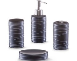 Zeller Badkamer/toilet accessoires set - 4-delig - keramiek - swirl patroon zwart