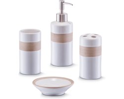 Zeller badkamer/toilet accessoires set 4-delig - keramiek - wit/beige