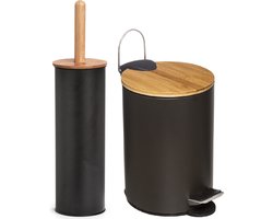 Zeller Badkamer/toilet accessoires set - WC-borstel/pedaalemmer- zwart - metaal/bamboe