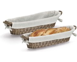 Zeller Broodmandje met stof - 2x - riet/canvas - bruin - langwerpig - stokbrood - landelijke stijl