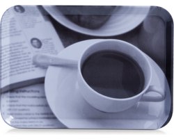 Zeller Dienblad - kunststof - met koffieprint - 30 x 22 cm - klassiek - zwart/wit