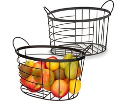 Zeller Industriele draadmand/opbergmand ovaal - Set van 2x stuks - zwart - metaal - 35 x 23,5 x 23 cm - Keukenmandjes/sokkenmandjes