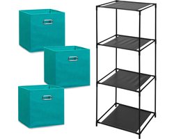 Zeller Kastmandjes/opberg manden - aqua groen/blauw - 3x stuks van 29L - Metalen rekje is 34 x 98 cm