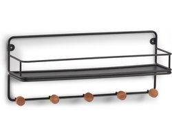 Zeller keuken/badkamer wandrek met kapstokhaken - zwart - metaal/hout - 45 x 11,8 x 18 cm - Ophanghaken rekje