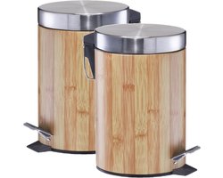 Zeller kleine pedaalemmer - 2x - badkamer/toilet - 3 liter - houtprint - lichtbruin/zilver - 17 x 26 cm