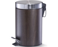 Zeller kleine pedaalemmer - badkamer/toilet - 3 liter - houtprint - donkerbruin/zilver - 17 x 26 cm