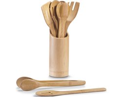 Zeller Kookgerei van bamboe hout - 7-delig - in houder - 9 x 33 cm - keuken lepels