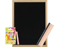 Zeller Krijtbord/schoolbord met 12x gekleurde krijtjes en bordenwisser - 30 x 40 cm - hout