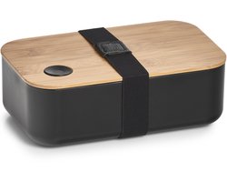 Zeller Lunchtrommel/broodtrommel 2-vaks - zwart/naturel - bamboe - 19 x 7 cm - Lunch/brood meenemen - Trommels/boxen
