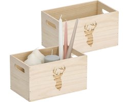 Zeller Opberg box/kist - 2x - naturel - hout - gestempeld hertenmotief - 25 x 15 x 14 cm - speelgoed opbergen