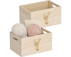 Zeller Opberg box/kist - 2x - naturel - hout - gestempeld hertenmotief - 30 x 20 x 16 cm - speelgoed opbergen