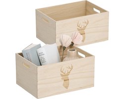 Zeller Opberg box/kist - 2x - naturel - hout - gestempeld hertenmotief - 35 x 25 x 18 cm - speelgoed opbergen