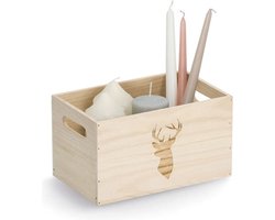 Zeller Opberg box/kist - naturel - hout - gestempeld hertenmotief - 25 x 15 x 14 cm - speelgoed opbergen
