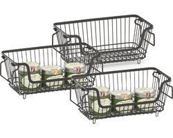 Zeller opberg draadmand - 3x - zwart - 32 x 16 x 14 cm - stapelbaar - metaal - opruimen - kastmanden