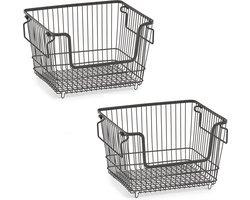 Zeller opberg draadmandje - 2x - zwart - stapelbaar - 33 x 27 x 21 cm - metaal - kastmanden