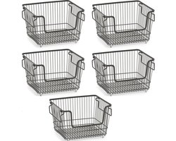 Zeller opberg draadmandje - 5x - zwart - stapelbaar - 33 x 27 x 21 cm - metaal - kastmanden