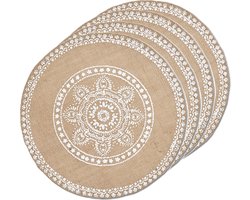 Zeller placemats met mandala print - 6x - jute look stof - rond - D38 cm