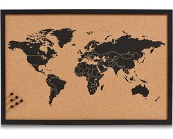 Zeller Prikbord wereldkaart - zwart - 60 x 40 cm - kurk/hout - memobord