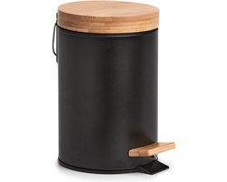 Zeller prullenbak/pedaalemmer - metaal - bamboe hout - 3L - zwart - 17 x 24 cm