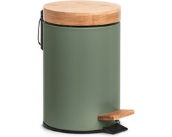 Zeller prullenbak/pedaalemmer - metaal - Soft Close - bamboe hout - 3L - salie groen - 17 x 24 cm
