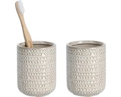 Zeller tandenborstelhouder/badkamer beker - 2x - keramiek beige - D8 x H10 cm - structure