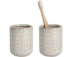 Zeller tandenborstelhouder/badkamer beker - 2x - keramiek beige - D8 x H10 cm - structure